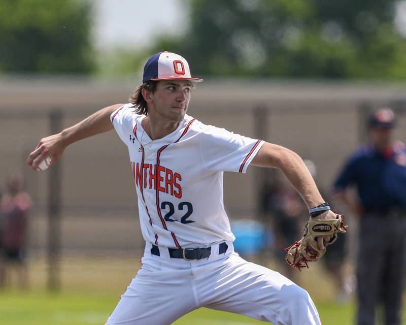 Oswego's Eddie Scaccia (22) delivers a pitch during Class 4A Romeoville Sectional final game between Oswego East at Oswego.  June 3, 2023.