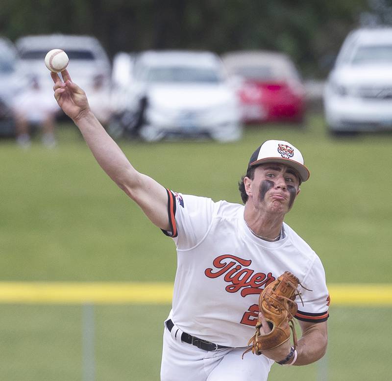 Byron’s Andrew Talbert fires a pitch against Johnsburg Wednesday, May 28, 2025, in the Class 2A Sectional semifinal in Mendota.
