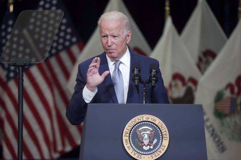 President Joe Biden speaks Wednesday, July 7, 2021, at McHenry County College in Crystal Lake.