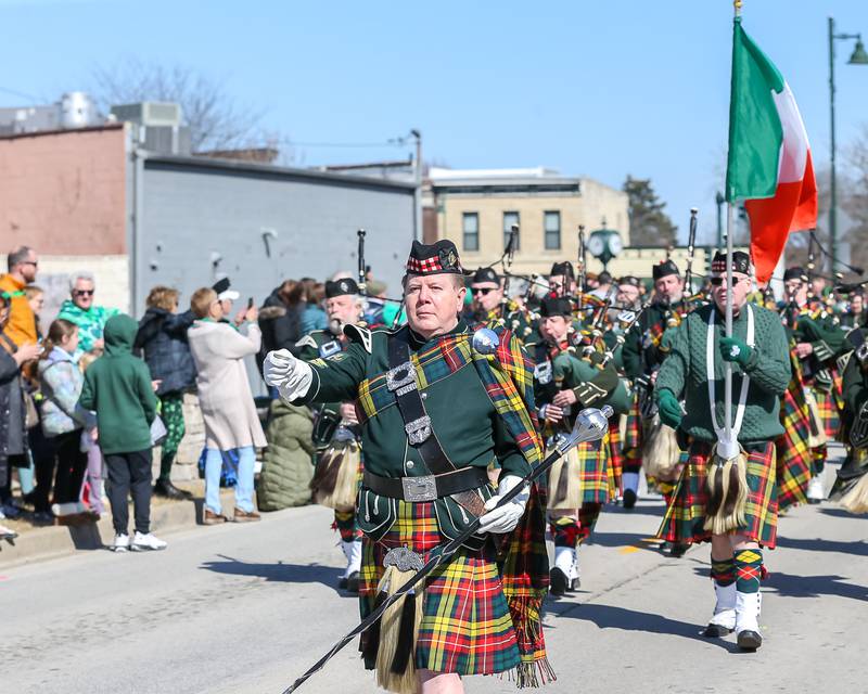 The Stockyard Kilty Band march in the Lemont St. Pat's Day Parade on Saturday, March 8, 2025  in Lemont.