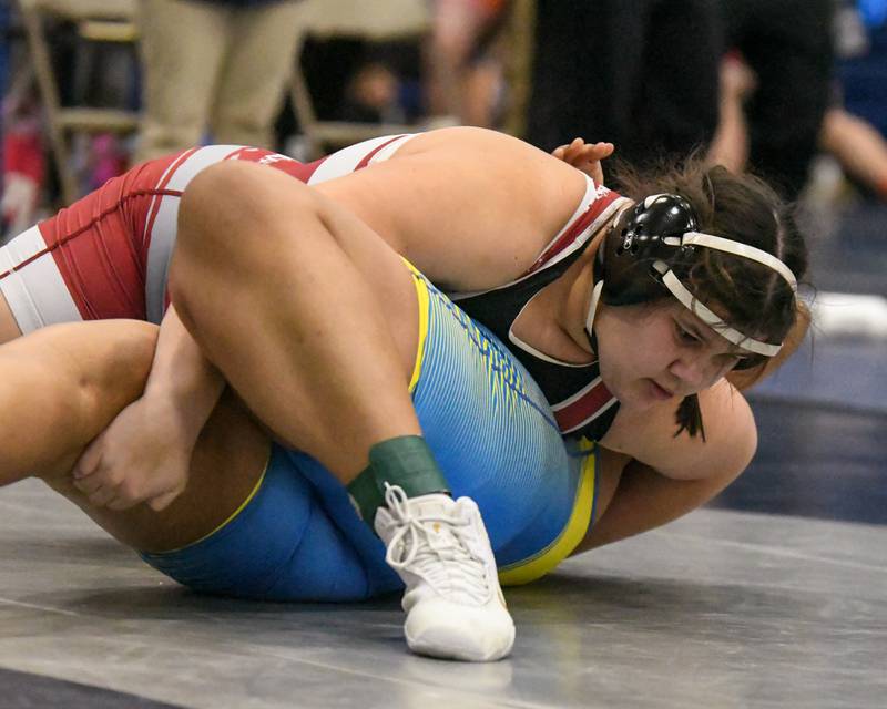 Rebekah Ramirez of Lockport wrestles Iana Victory of Wheaton North during the 235-weight class championship match where Rebekah took the win with a pin on Saturday Jan. 5, 2025, during the Aaron Dundley invite held at Oswego East High School.