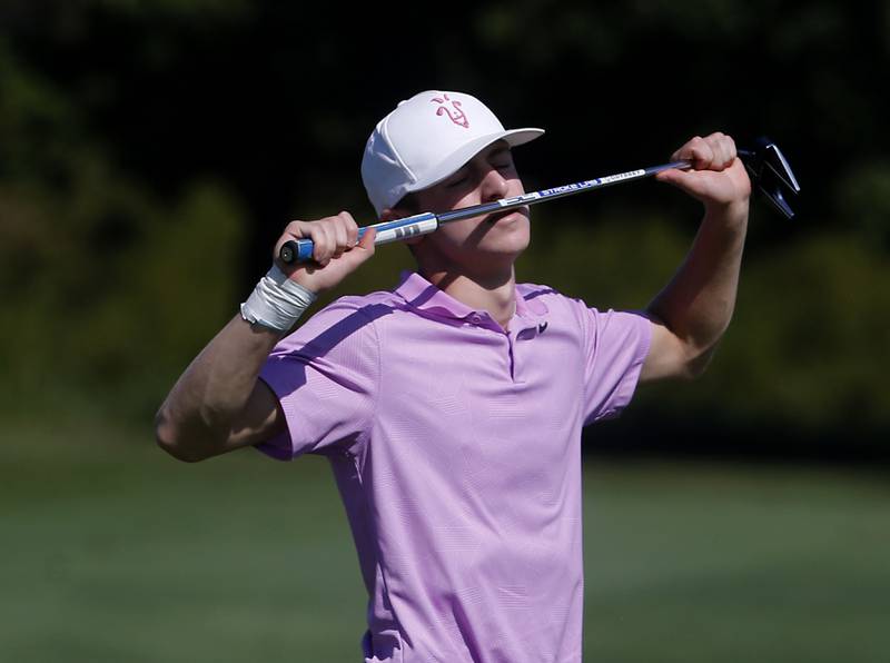 Hampshire’s Nolan Adamczyk reacts to missing a birdie putt on the 11th green during the Fox Valley Conference Boys Golf Tournament Wednesday, Sept. 25, 2024, at RedTail Golf Club in Lakewood.