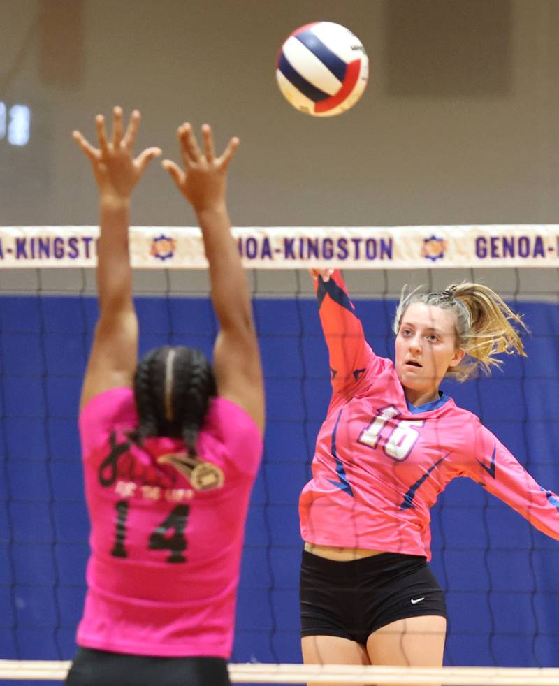 Genoa-Kingston's Alayna Pierce tips the ball over a defender during their Volley for the Cure match against Oregon Wednesday, Sept. 21, 2022, at Genoa-Kingston High School.