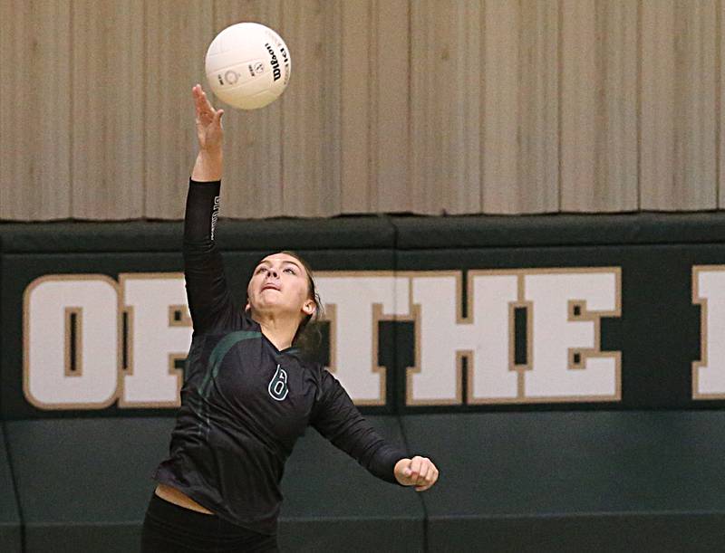 St. Bede's Ariella Mudge serves the ball to Newark in the Class 1A Regional title game on Thursday, Oct. 27, 2022 at the Academy in Peru.