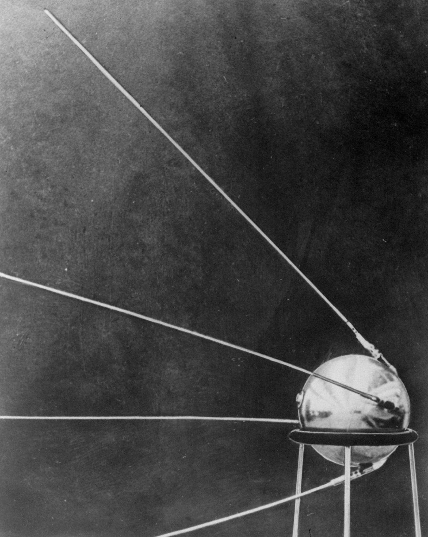 This first official picture of the Soviet satellite Sputnik I was issued in Moscow Oct. 9, 1957, showing the four-antennaed satellite resting on a three-legged pedestal. Working in obsessive secrecy, the Soviets propelled the Sputnik satellite into space on Oct. 4, 1957, making it the first man-made object to reach the limits of the earth's gravity. It mattered little that the small, silver orb had little purpose beyond achieving orbit and sending back a monotonous  bleep-bleep signal as it circled the globe every 95 minutes during its three-month existence. At the height of the Cold War, Sputnik was one of the Soviet Union's most glorious victories and it touched off near panic in the United States, where political and military leaders forecast grave consequences if America lagged behind.