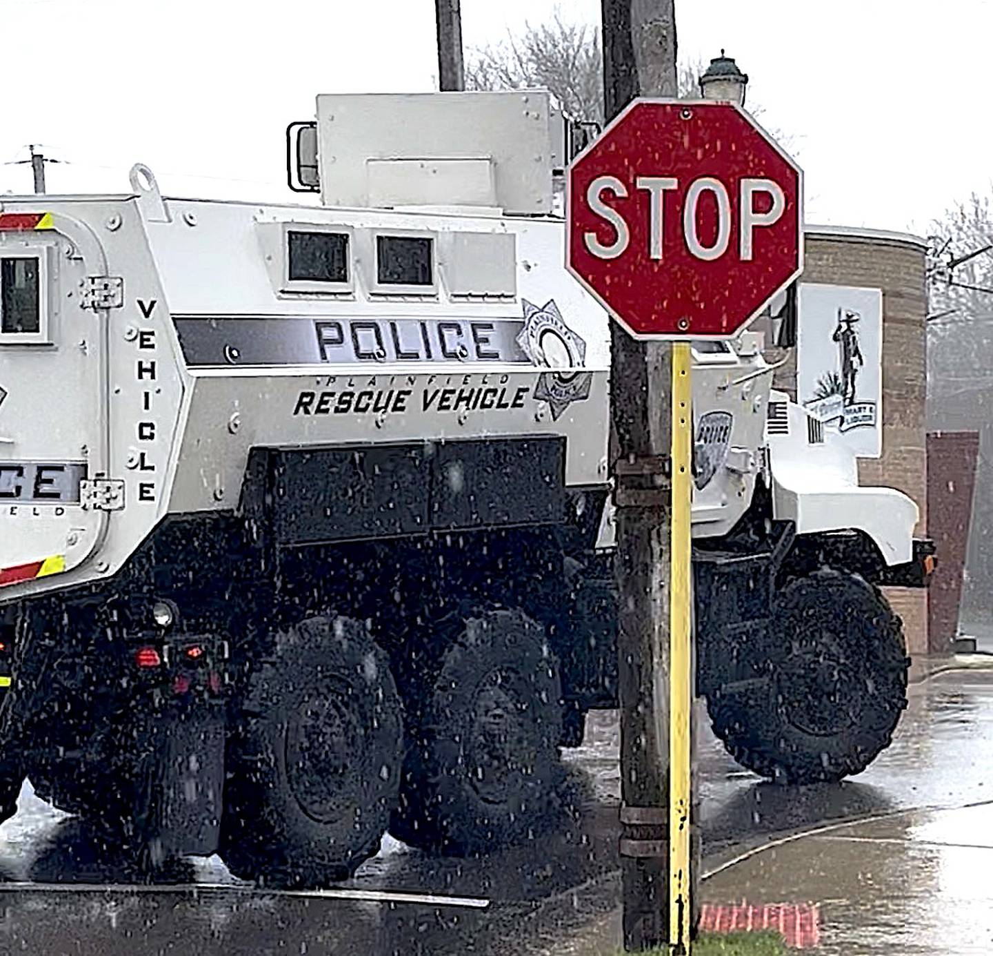 A six-wheel rescue vehicle from the Plainfield Police Department was at the scene of a search warrant on Thursday, April 2, 2026, on Garnsey Avenue in Joliet.