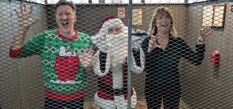 Lamar (Tony Lage), Santa (Danny Glenn), and Emily (Kim Green) don't handle being stuck in an elevator on Christmas Eve very well in "Seasonal Lights" from WT Productions [L to R: Tony Lage, Danny Glenn, Kim Green] [photo credit: Carl Zeitler] 2024