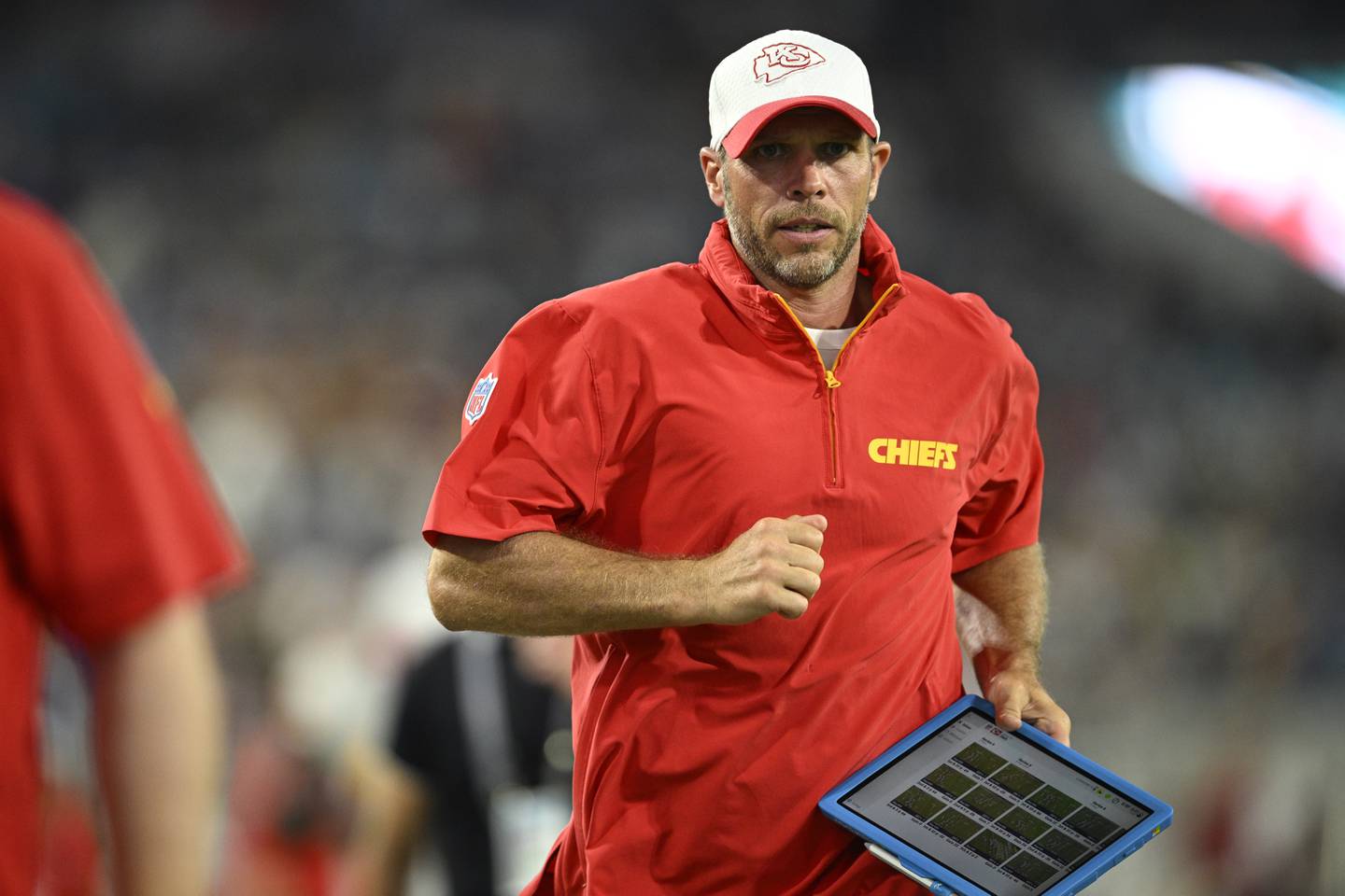 Kansas City Chiefs linebackers coach Brendan Daly leaves the field after the first half of a preseason NFL football game against the Jacksonville Jaguars, Saturday, Aug. 10, 2024, in Jacksonville, Fla. (AP Photo/Phelan M. Ebenhack)