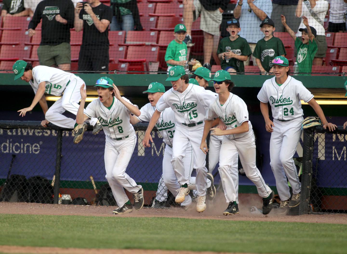 The York bench takes the field as the last out is called during the Class 4A Kane County Supersectional against Hononegah at Northwestern Medicine Field in Geneva on Monday, June 5, 2023.