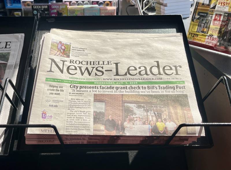 The final edition of the Rochelle News-Leader, printed Wednesday, is seen on a news stand at Road Ranger gas station on North Seventh Street in Rochelle on Friday, August 8, 2025. The parent company News Media Corporations abruptly ceased operations closing all its community papers across five states.