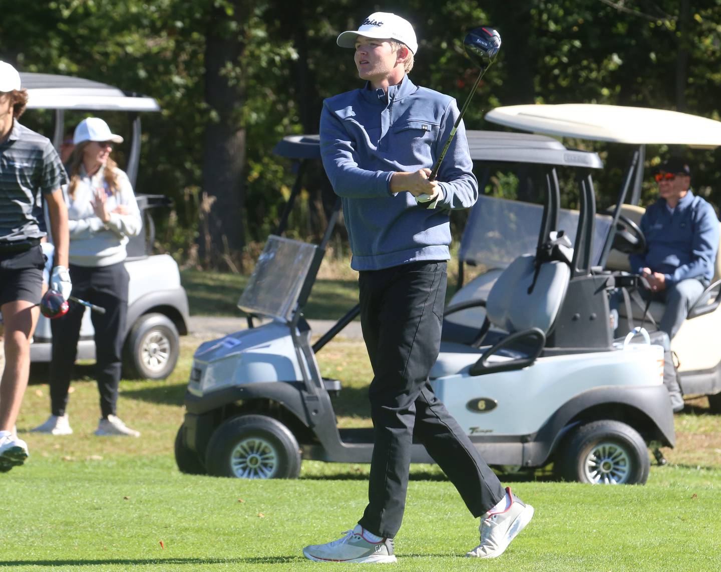 Hall's Landen Plym drives the ball toward the 8th hole during the Class 1A golf meet on Wednesday, Oct. 2, 2024 at Spring Creek Golf Course in Spring Valley.