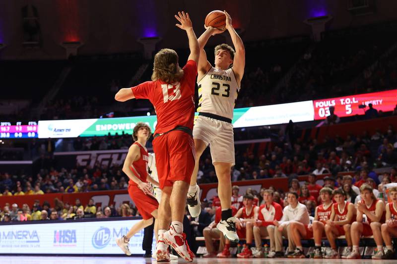 Yorkville Christian’s Brayden Long puts up the jump shot against Liberty in the Class 1A championship game at State Farm Center in Champaign. Friday, Mar. 11, 2022, in Champaign.