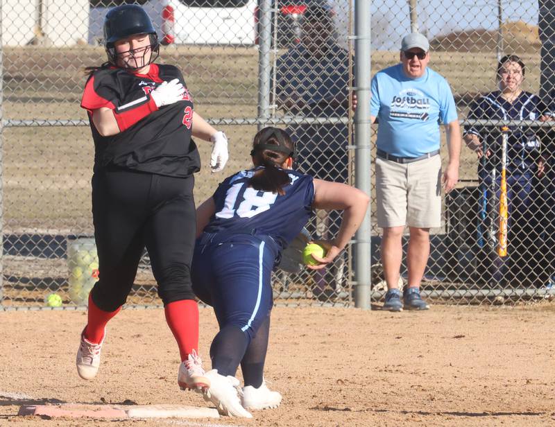 Hall's Brynn Blair is forced out at first base by Bureau Valley's Kloey Trujillo on Monday, March 9, 2026 at Bureau Valley High School.