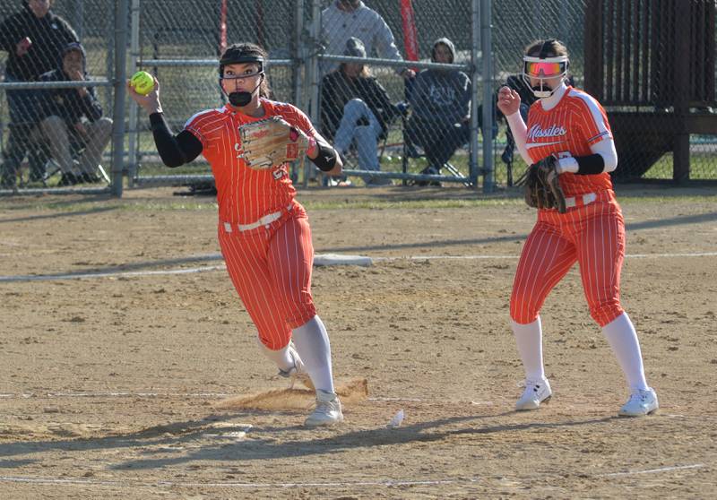 Milledgeville's Kendra Kingsby throws to first for an out against Oregon on Monday, March 23, 2026 at Oregon Park West.