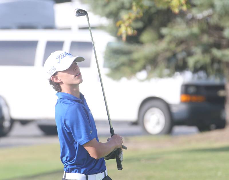 Princeton's Stihl Brokaw tees off during the Class 1A Regionals on Wednesday, Oct. 1, 2025 at Deer Park Golf Club in Oglesby.