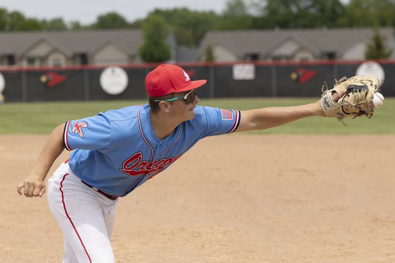Oregon’s Kade Girton reaches but can’t make a catch against Byron Saturday, May 24, 2025, in the Stillman Valley Class 2A Regional final.