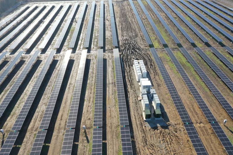 An aerial view of the solar farm located in the 9900 block of Illinois Route 71 on Friday, Jan. 9, 2026 in Granville.