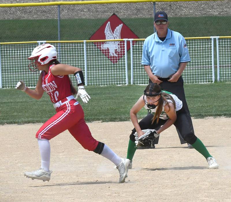 Rock Falls' shortstop fields a ground ball and looks to first as an Oregon's Olivia Gesin advances to third base during the championship game of the 2A Oregon Regional on Saturday, May 23, 2026 at Oregon Park West.