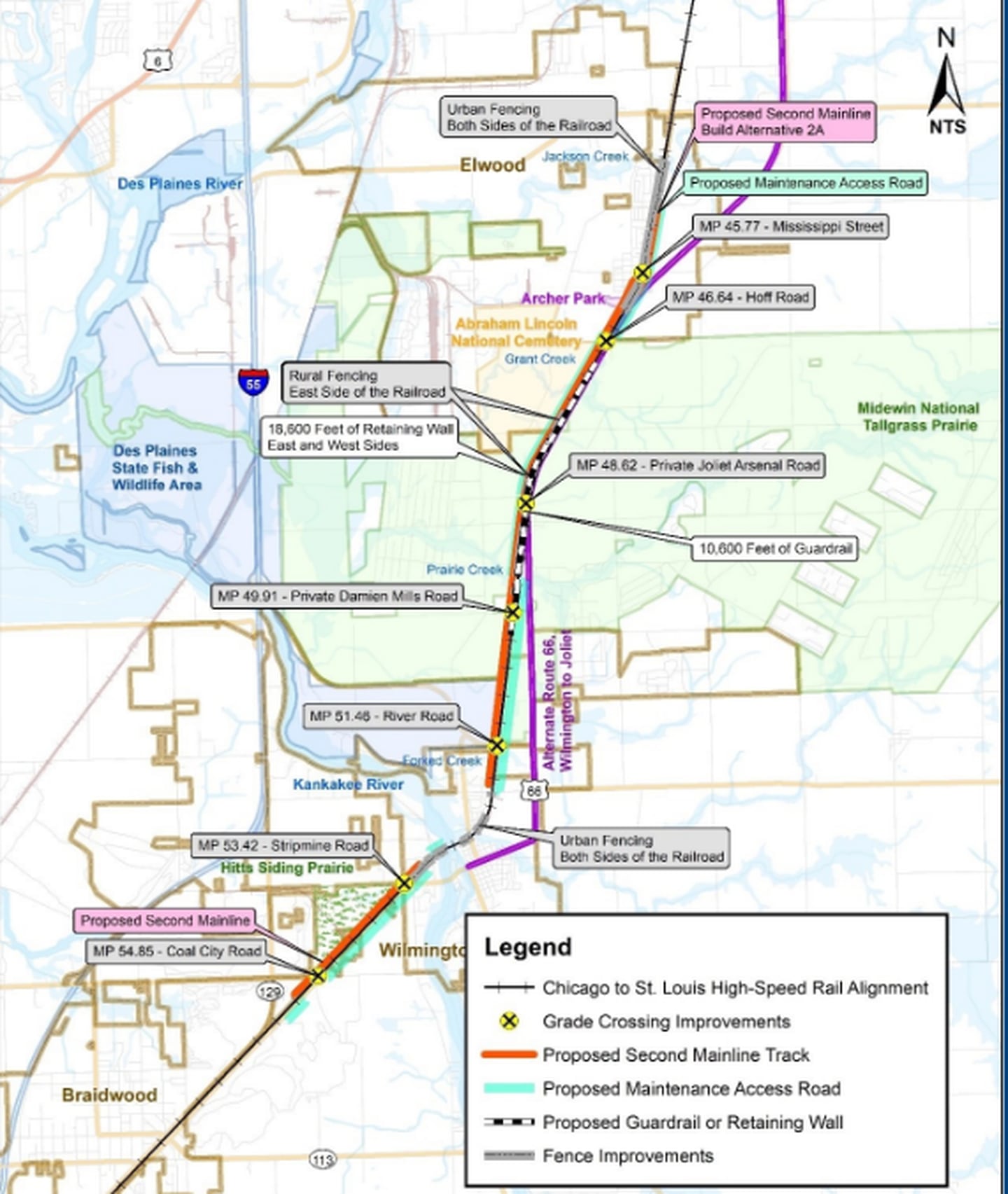 Build Alternative 2A from the Illinois Department of Transportation's plan to improve the railroad between Elwood and Braidwood.