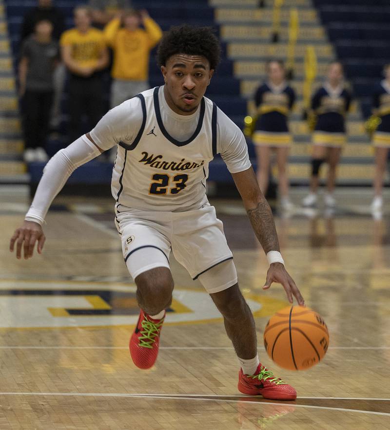 Sterling’s Kaedon Phillips drives to the hoop against Lasalle-Peru Tuesday, Jan. 7, 2025, at Sterling High School.