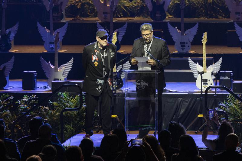 Cheap Trick guitarist and Rockford native Rick Nielsen (left) and Geno Iafrate, president of Hard Rock Casino Rockford, thank the crowd, city and state Thursday, Aug. 29, 2024, during the opening of the new casino.