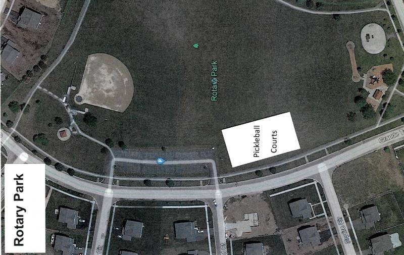 This map shows the planned location for a pair of pickleball courts in Rotary Park along Grande Trail in Yorkville's Grande Reserve subdivision. (Yorkville Parks and Recreation Department)