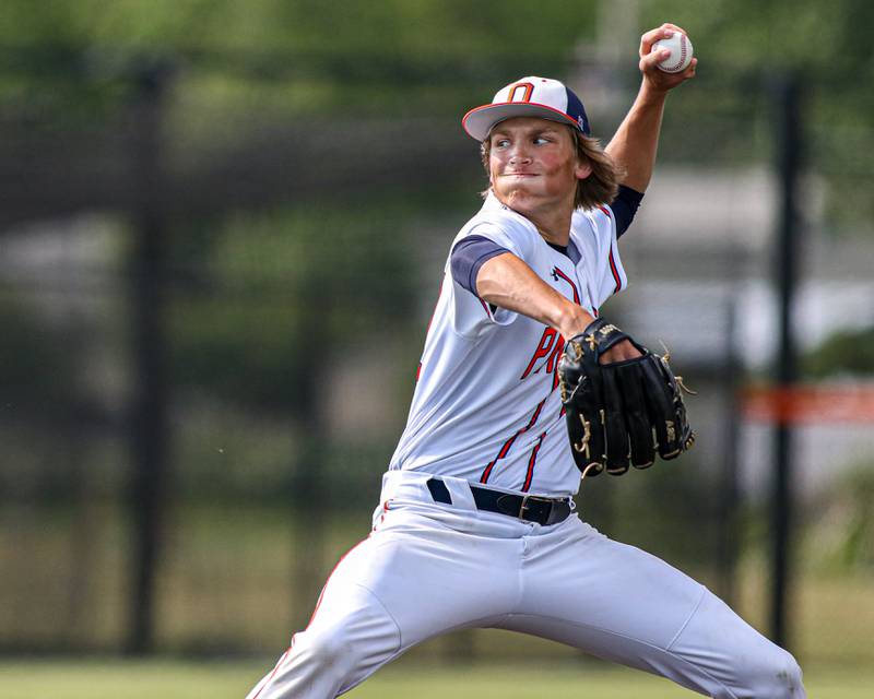 Oswego's Noah Mottet (32) delivers a pitch during Class 4A Romeoville Sectional semifinal game between Plainfield North at Oswego.  June 1, 2023.