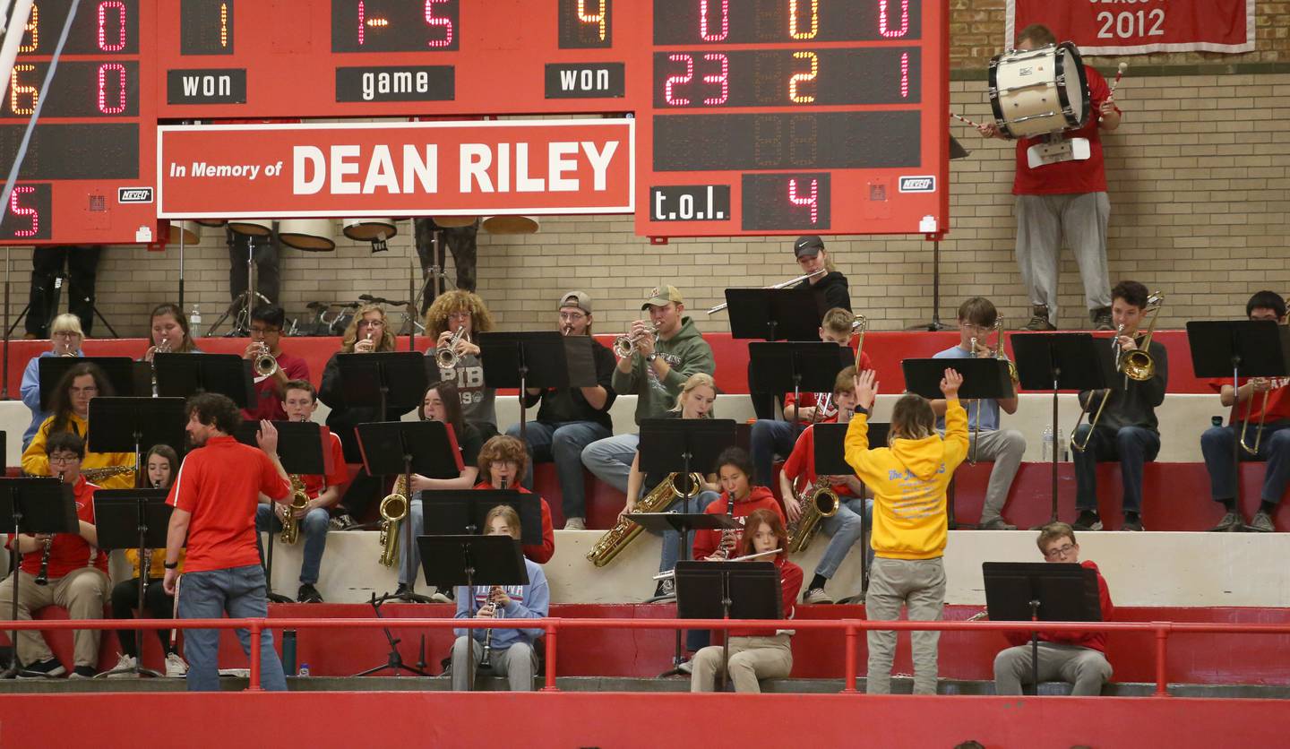 The Ottawa High School band plays during the Dean Riley Shootin’ The Rock Tournament on Monday, Nov. 21, 2022 at Kingman Gymnasium.