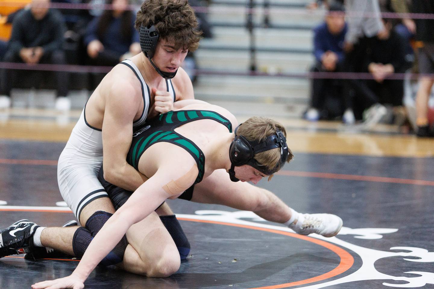 St. Charles East's Gavin Woodmancy competes in the 144 lb Championship match with Glenbard West's Brennen Myra at theSt. Charles East Class 3A Regional on Saturday, Jan. 31,2026 in St. Charles.