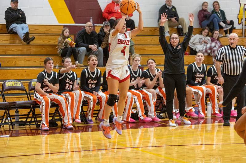 Benet's Ava Mersinger shoots a three pointer against St. Charles East at the Montini Christmas Tournament on Tuesday, Dec.23,2025 in Lombard.