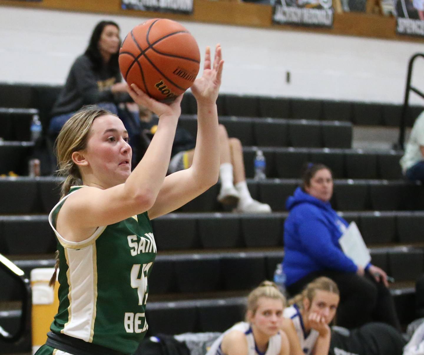 St. Bede's Ella Hermes shoots a wide-open shot against Newark during the Class 1A Regional game on Monday, Feb. 13, 2023 at Putnam County High School.