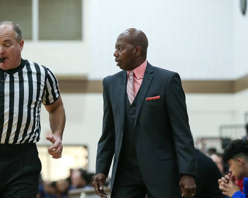 Romeoville's head coach Lawrence Thompson looks on in the WJOL Tournament Championship game. Nov 25, 2023.