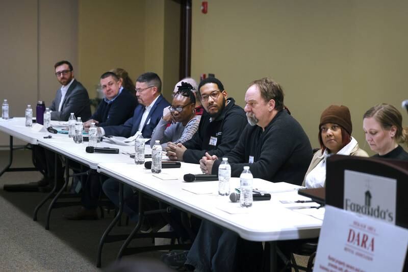 District 428 School Board candidates listen to instructions Thursday, March 20, 2025, before the DeKalb Area Rental Association and DeKalb Area Builders Association School Board Candidates Forum at Faranda's Banquets in DeKalb.
