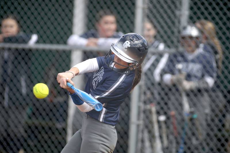 Oswego East’s May Pasqualini gets a hit during a game at Waubonsie Valley on Friday, April 1, 2022.