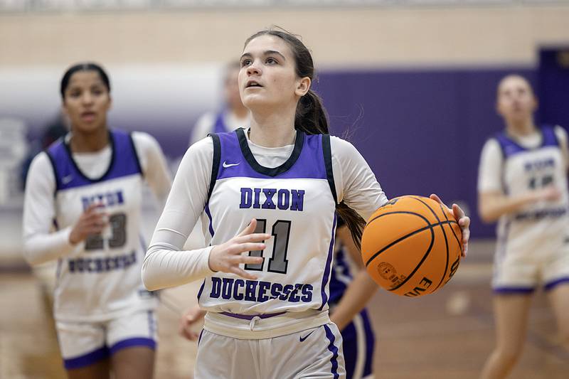 Dixon's Kiley Gaither eyes the hoop against Rochelle Thursday, Dec. 26, 2024, during the Dixon Girl’s KSB Holiday Basketball Tournament.