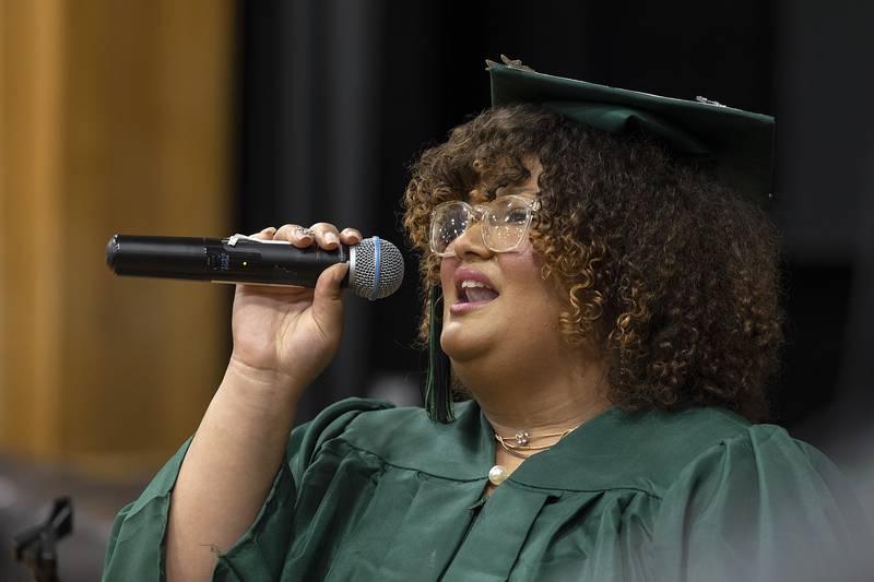 Rock Falls graduate Alliah Alyssa Haines-Penny sings the national anthem Sunday, May 18, 2025, during commencement.
