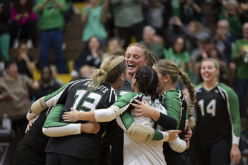 Rock Falls players celebrate their regional win over Newman Thursday, Oct. 26, 2023 in the class 2A regional finals at Riverdale.
