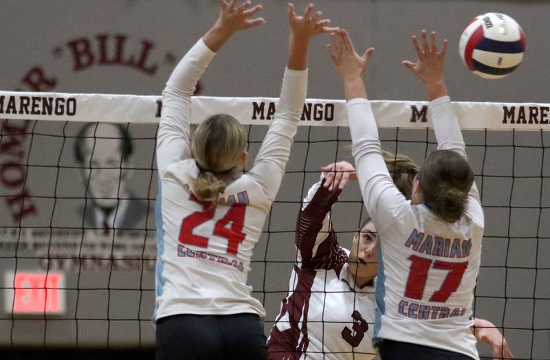 Marengo’s Leila Becovic hits the ball against Marian Central in IHSA Class 2A  Regional volleyball action on Monday, Oct. 28, 2024, at  Marengo High School  in Marengo.