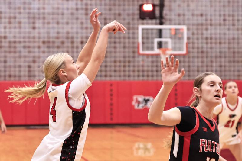 Erie-Propetstown’s Brynn Brown sinks her second 3 pointer of the game putting the Panthers in the lead 6-0 over the visiting Fulton Steamers only 90 seconds into the contest Tuesday night in Erie.