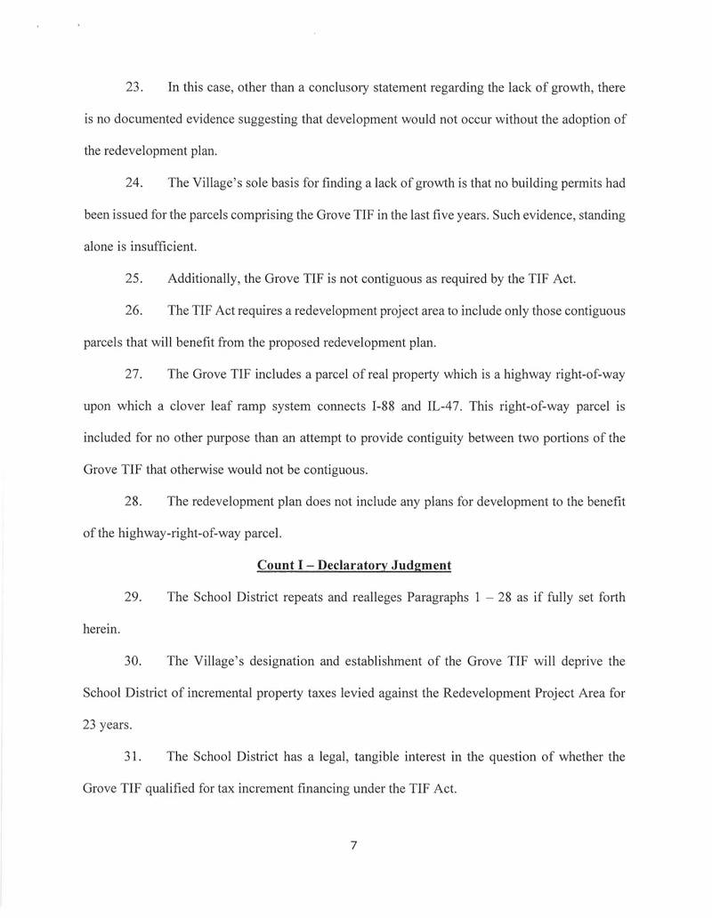 Kaneland School District 302 sued the village of Sugar Grove on June 13, 2025, to stop The Grove tax increment financing development project. The filing alleges the development does not meet the qualifications needed to use TIF money, records show. (Page 7 of 10)