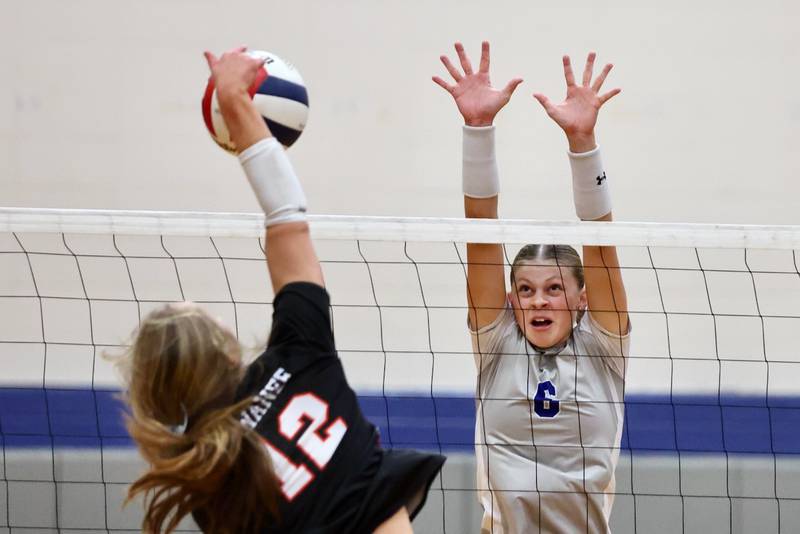 Princeton's Caroline Keutzer puts a block up against Kewanee's Macee Pickering at Prouty Gym Tuesday. The Tigresses won 25-8, 25-22.