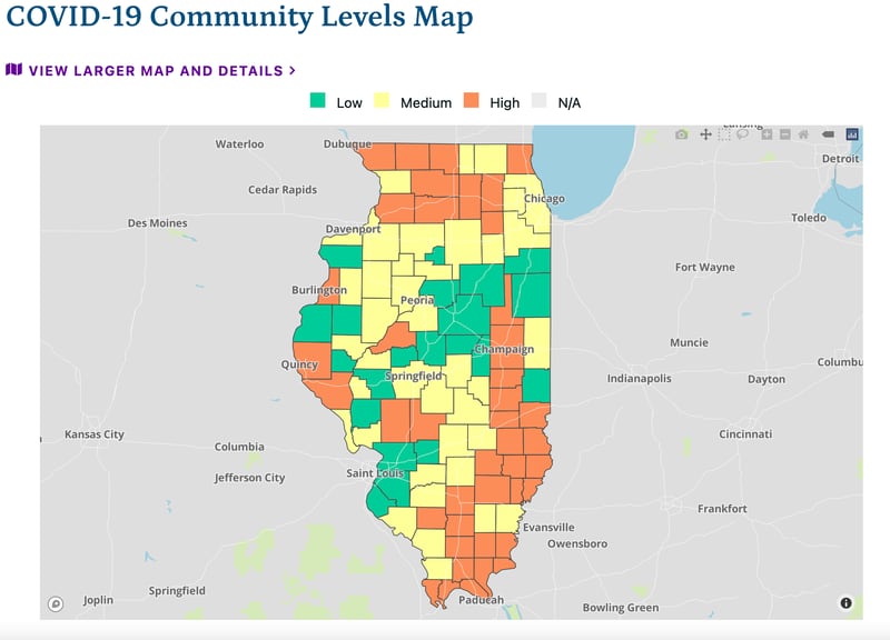 The COVID-19 community levels map as of Friday, August 19, 2022, according to the Illinois Department of Public Health