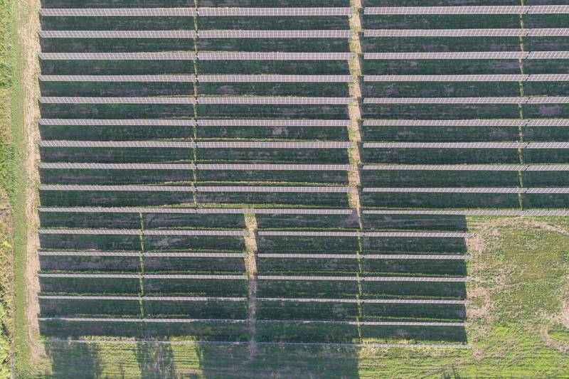An aerial view of the 1-megawatt generating solar farm on Monday, June 23, 2025, at the intersection of Peggy Land and Epperson Road in Princeton.