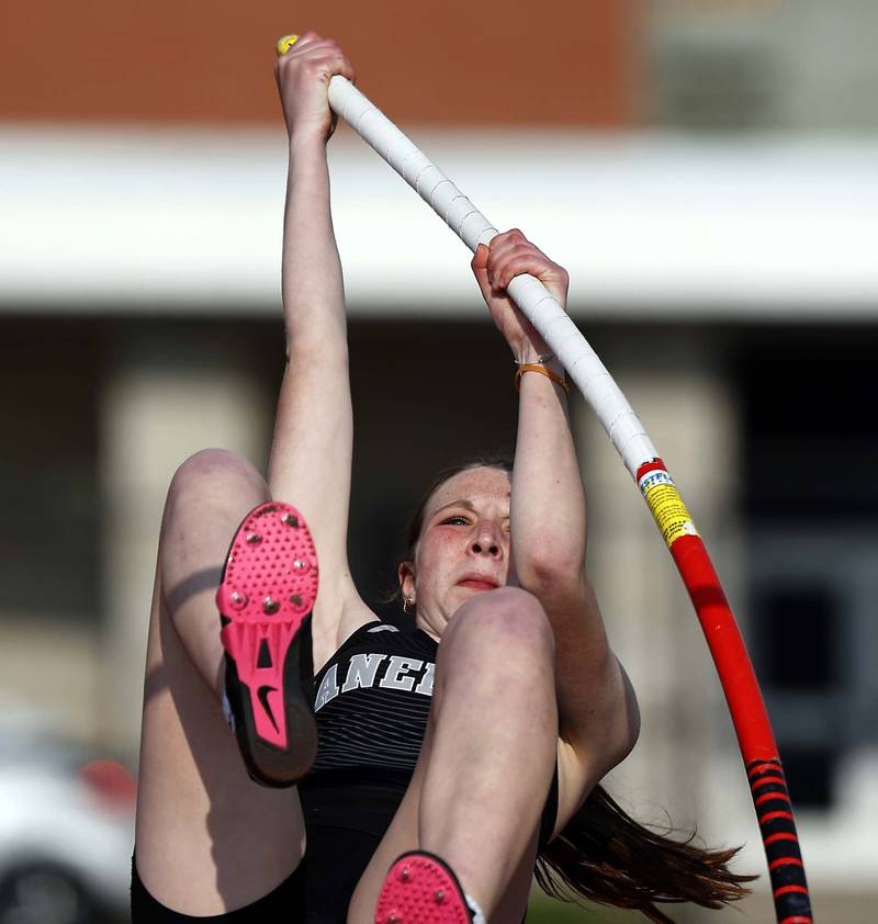 Noelle Putzler of Kaneland competes in the pole vault during the Kane County girls track and field meet at East Aurora High School Friday, May 2, 2025 in Aurora Ill.
