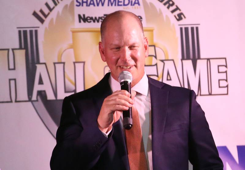 St Bede alumnus Joe Perona speaks during the 2025 Shaw Media Illinois Valley Sports Hall of Fame at the Auditorium Ballroom in La Salle.