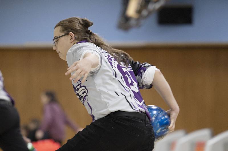 Dixon’s Owen Haverland fires his ball down the alley against Sterling, Monday, Jan. 2, 2023.