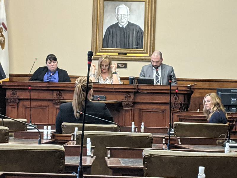 From left, Lee County Deputy Circuit Clerk Shannon Langloss, County Clerk Nancy Peterson and State's Attorney Charley Boonstra comprising the Lee County Electoral Board met April 12, 2022, to decide on three objections to candidate petitions.
