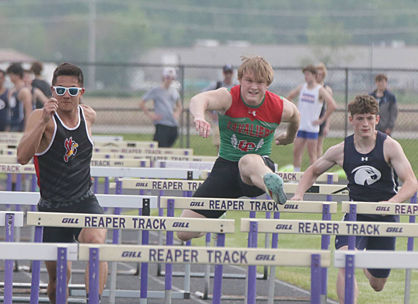 Jason Huang and La Salle-Peru's Brett Aimone compete in the 110 meter hurdles in the Class 1A Boys Sectional track meet on Friday, May 20, 2022 in Plano.