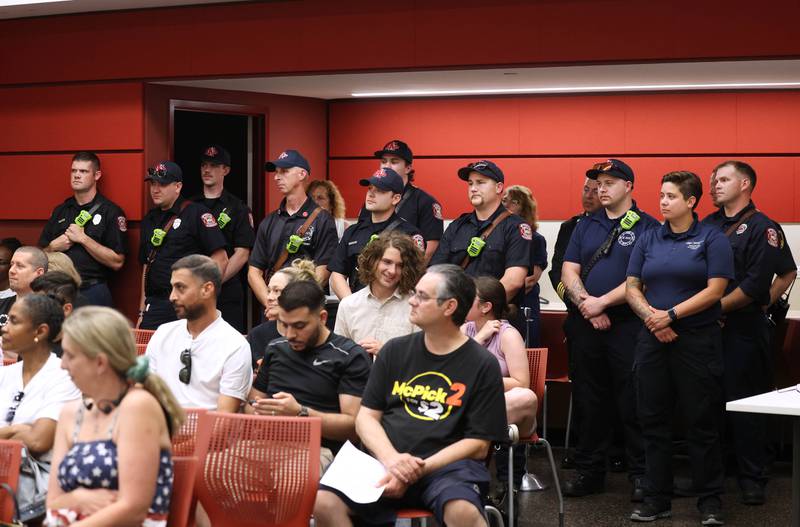 Many DeKalb firefighters were in attendance as retiring chief Mike Thomas was honored Monday, June 23, 2025, during the DeKalb City Council meeting at the DeKalb Public Library.