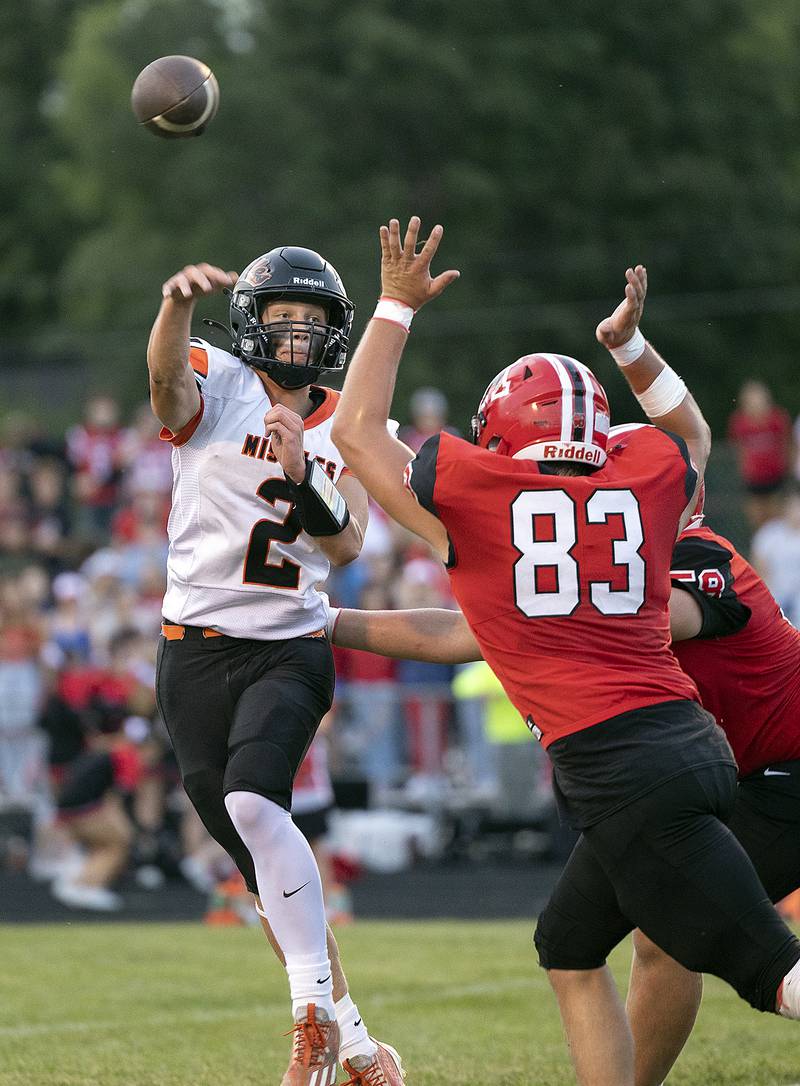 Milledgeville’s Kyson Francis fires a pass against Amboy Friday, August 29, 2025, in Amboy.
